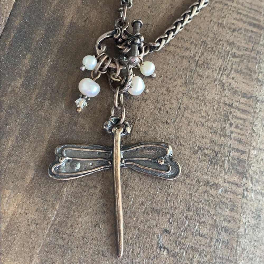 Lucky Brand Dragonfly Pendant Necklace Pearl Crystal Accents Silver Tone